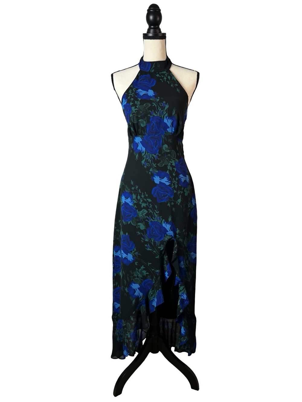 Lulus Black & Royal Blue Floral Halter High Low Maxi Dress Romantic Goth Medium